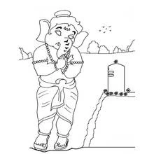 Dibujo de Bal Ganesh rezando frente a un santuario para colorear