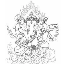 Dibujo de Ganesh sentado con aureola de llamas para colorear