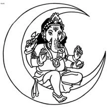 Dibujo de Ganesh sentado sobre una luna creciente para colorear