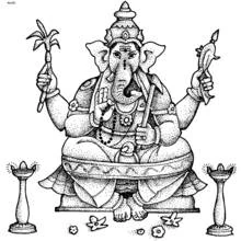 Dibujo de Ganesh con lámparas de aceite a los lados para colorear