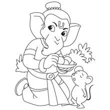 Dibujo de Ganesh comiendo laddu junto a su ratón para colorear