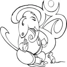 Dibujo de Ganesh sentado en pose de bendición con un ratón y el símbolo Om para colorear