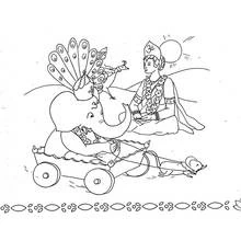 Dibujo de Ganesh en un carro con Kartikeya y un pavo real para colorear