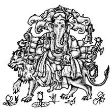 Dibujo de Ganesh de múltiples cabezas montado en un león para colorear
