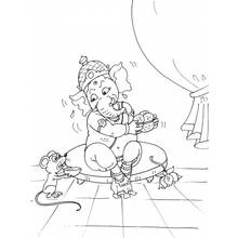 Dibujo de Ganesh compartiendo dulces con su ratón para colorear