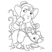 Dibujo de Ganesh montado sobre su ratón Mushika para colorear
