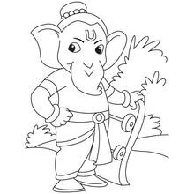 Dibujo de Ganesh de pie junto a su pequeño carro para colorear