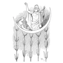 Dibujo de Dios Aesir de pie en una luna creciente con una diosa para colorear