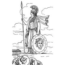 Dibujo de Minerva de pie con lanza y escudo para colorear Dibujo de Minerva de pie con lanza y escudo para colorear
