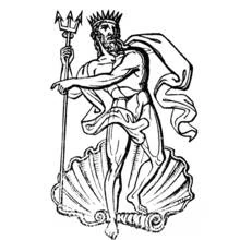 Dibujo de Neptuno de pie sobre una concha con su tridente para colorear Dibujo de Neptuno de pie sobre una concha con su tridente para colorear