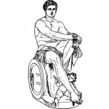 Dibujo de Dios romano sentado con escudo y pequeña figura para colorear Dibujo de Dios romano sentado con escudo y pequeña figura para colorear