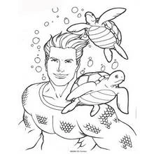 Dibujo de Aquaman nadando con dos tortugas marinas para colorear
