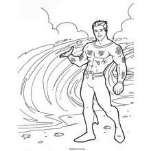 Dibujo de Aquaman controlando una ola gigante para colorear