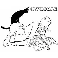 Dibujo de Gatúbela sentada con un gato negro y un gato atigrado para colorear