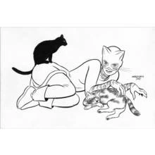 Dibujo de Gatúbela tumbada con dos gatos para colorear