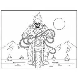 Dibujo de Ghost Rider con montañas y luna llena para colorear