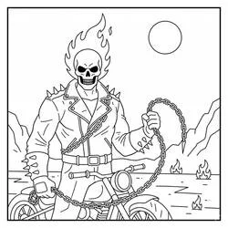 Dibujo de Ghost Rider sosteniendo su cadena junto a su moto para colorear