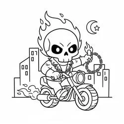Dibujo de Ghost Rider en su motocicleta en llamas para colorear