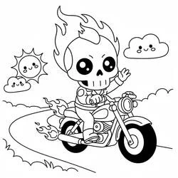 Dibujo de Ghost Rider chibi saludando en carretera curva para colorear