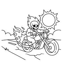 Dibujo de Ghost Rider en moto en llamas para colorear