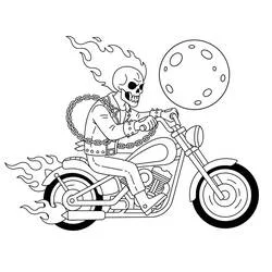 Dibujo de Ghost Rider con luna llena en la noche para colorear