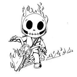 Dibujo de Ghost Rider chibi sobre su moto en llamas para colorear