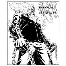 Dibujo de Ghost Rider de pie con calavera en llamas y cadenas para colorear