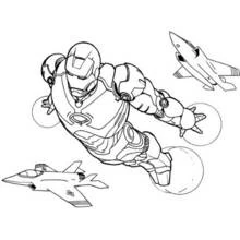 Dibujo de Hombre de Hierro volando junto a aviones de combate para colorear