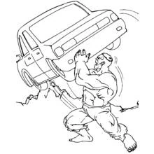 Dibujo de Hulk con grietas bajo los pies y coche alzado para colorear Dibujo de Hulk con grietas bajo los pies y coche alzado para colorear