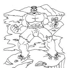 Dibujo de Hulk de pie enfadado sobre terreno rocoso para colorear Dibujo de Hulk de pie enfadado sobre terreno rocoso para colorear