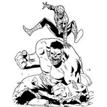 Dibujo de Hulk destrozando rocas con Spider-Man saltando encima para colorear Dibujo de Hulk destrozando rocas con Spider-Man saltando encima para colorear