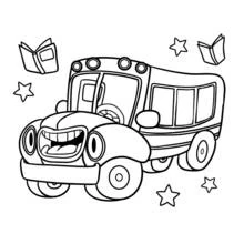Dibujo de Autobús sonriente con estrellas y libros para colorear
