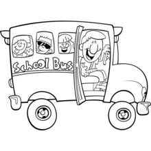 Dibujo de Autobús escolar con conductor sonriente y niños para colorear