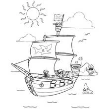 Dibujo de Barco pirata navegando cerca de un tiburón y una isla para colorear