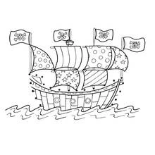 Dibujo de Barco pirata con cuatro banderas de calavera para colorear