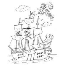 Dibujo de Barco pirata navegando bajo una cometa dragón para colorear
