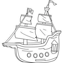Dibujo de Barco pirata con dos mástiles y ventana de cabina para colorear