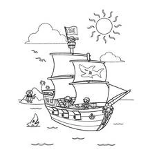 Dibujo de Barco pirata navegando con su tripulación a bordo para colorear