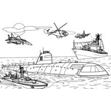 Dibujo de Buque de guerra con submarino, aviones y helicóptero para colorear