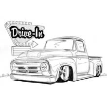 Dibujo de Camioneta vintage junto a un letrero Drive-In para colorear