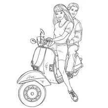 Dibujo de Barbie y Ken en un ciclomotor para colorear