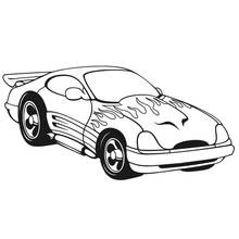 Dibujo de Coche tuning negro con llamas naranjas en la puerta para colorear