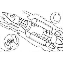 Dibujo de Cohete volando por el espacio cerca de la Tierra y la Luna para colorear