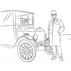 Dibujo de Ford antiguo junto a un hombre elegante para colorear