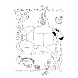 Dibujo de Submarino explorando el océano con criaturas marinas para colorear