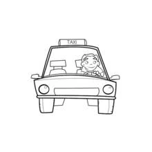 Dibujo de Taxi de frente con letrero y faros redondos para colorear
