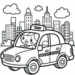 Dibujo de Niño conduciendo un taxi en la ciudad para colorear