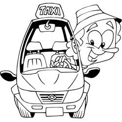 Dibujo de Taxi con chofer gracioso detrás del coche para colorear