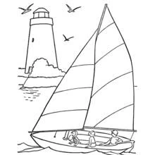 Dibujo de Velero navegando junto a un faro para colorear