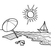 Dibujo de Velero en el mar con sombrilla y sol para colorear